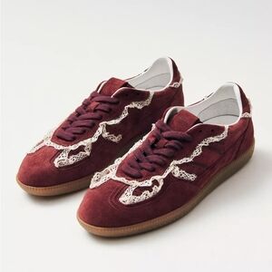 Alohas  Burgundy Suede Sneakers with Cream Lace Trim